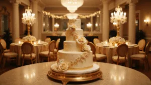 A luxurious 5-tier wedding anniversary cake with gold leaf detailing and sugar flowers in a grand ballroom, illuminated by warm chandelier lighting and framed by elegant table settings.