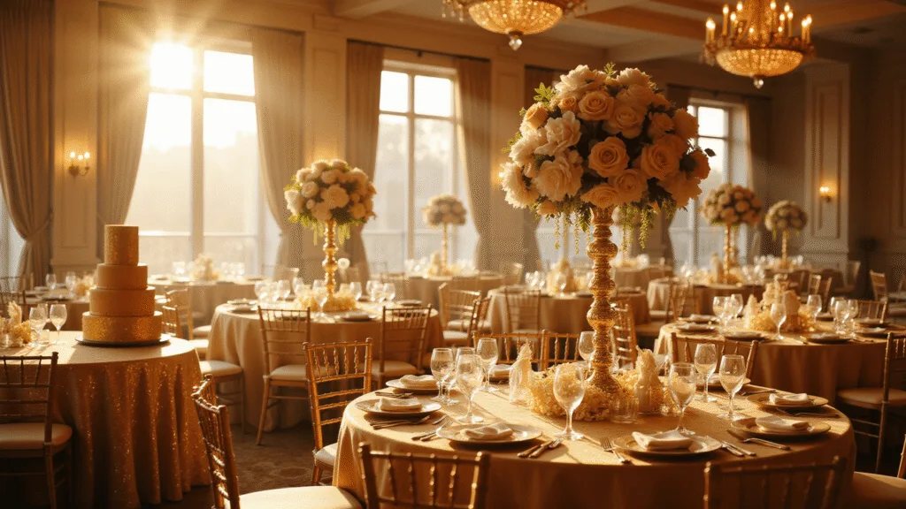 A luxurious ballroom decorated for a golden anniversary celebration, featuring champagne silk linens, golden roses and white orchids centerpieces, crystal chandeliers, an elegant place setting, and a stunning 5-tier wedding cake with edible gold leaf, bathed in warm golden hour lighting.