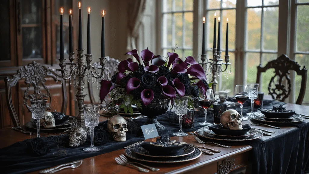 An elegant Victorian dining room at dusk, featuring a mahogany table with a black velvet tablecloth, adorned with antique silver candelabras, dark floral arrangements, and matte black china, creating a moody gothic atmosphere.