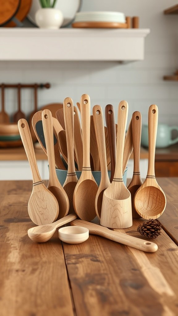 A collection of handcrafted wooden utensils displayed on a wooden table.