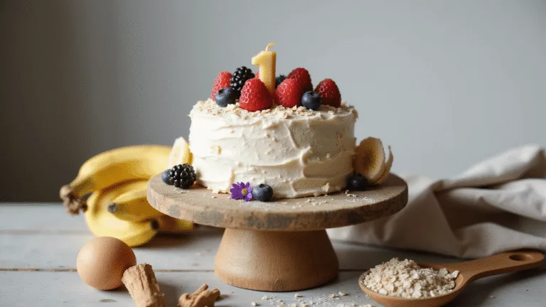 Close-up of a rustic mini smash cake on a weathered wooden stand, featuring yogurt frosting, fresh berries, coconut shavings, and a beeswax "1" candle, surrounded by rolled oats, ripe bananas, farm-fresh eggs, and cinnamon sticks, all captured in warm neutral tones and soft bokeh.