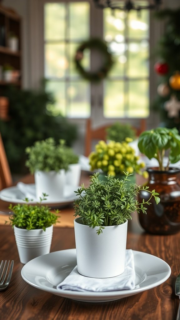 A farmhouse kitchen table set with white herb planters and a wooden table.