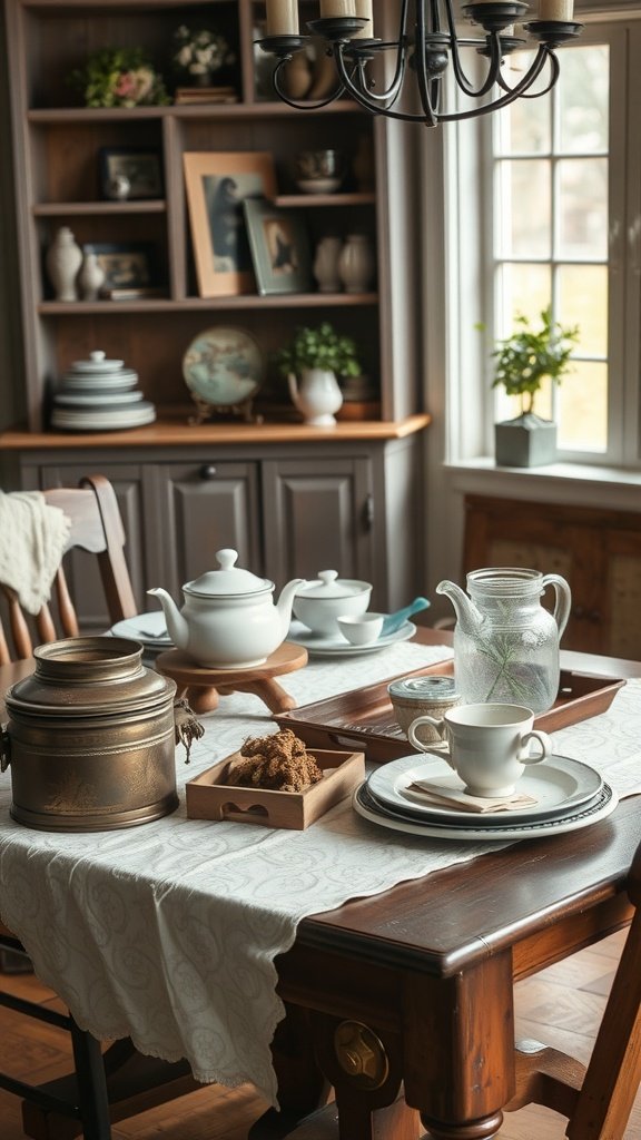 A farmhouse kitchen table set with vintage teapot, china, and decorative items.