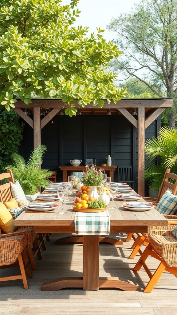 A beautifully set outdoor dining table with fresh fruits, flowers, and colorful cushions.