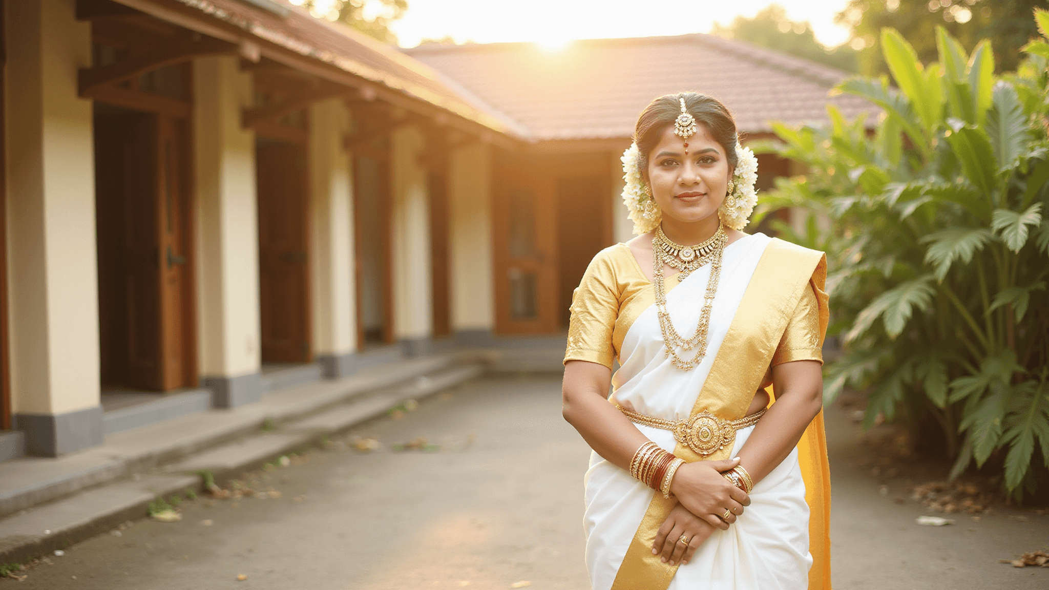 A Kerala bride in a white Kasavu saree with a gold border, layered temple jewelry, and jasmine flowers, standing in a traditional courtyard during golden hour, illuminated by warm sunlight.