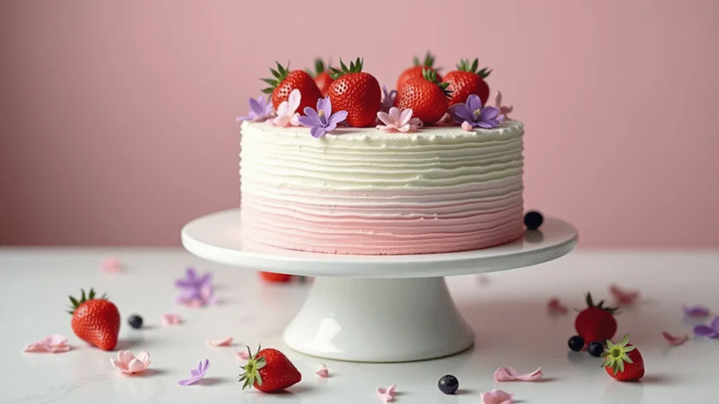 Elegant three-layer Korean birthday cake with fresh strawberries and edible flowers, set on a white ceramic stand against a pastel pink background.