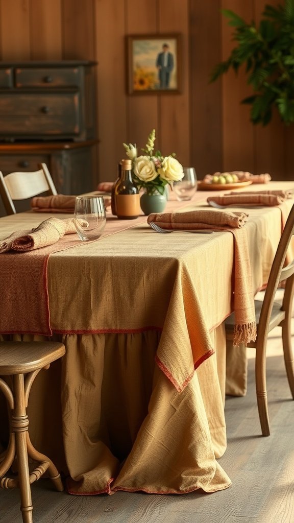 A farmhouse kitchen table setting with layered textiles, featuring a warm-colored tablecloth, rolled napkins, and a vase of flowers.