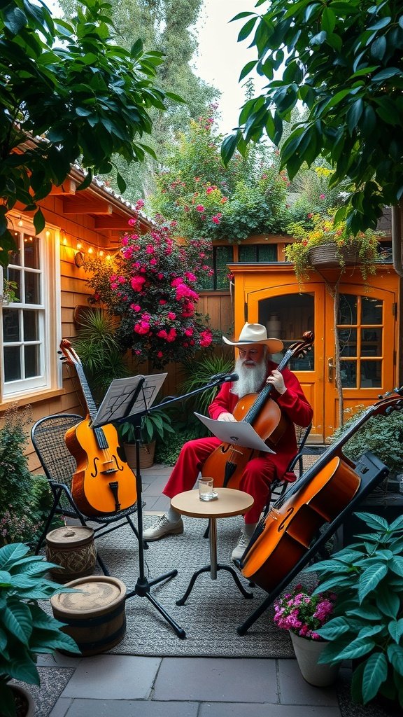 A musician playing a cello in a garden setting with guitars and flowers.