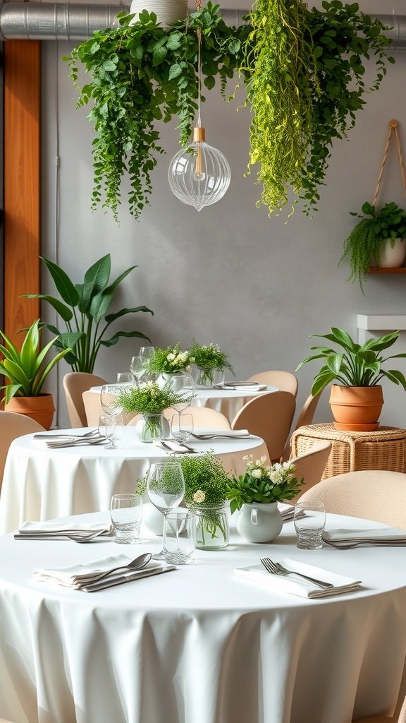 Tables decorated with greenery and plants for a garden party