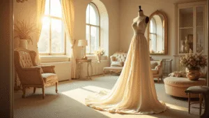 A luxurious bridal boutique interior with an ivory silk slip dress on a mannequin, plush cream carpeting, champagne velvet seating, and crystal accessories, illuminated by warm golden hour sunlight.