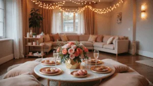 A luxurious Galentine's Day living room setup featuring a marble coffee table with gold-rimmed plates, pink macarons, and crystal champagne flutes, surrounded by plush blush velvet cushions and faux fur throws. A floral centerpiece of coral and pink roses in a gold geometric vase, warm ambient lighting from copper string lights, and a rose gold bar cart with cocktail ingredients create an intimate atmosphere during golden hour.