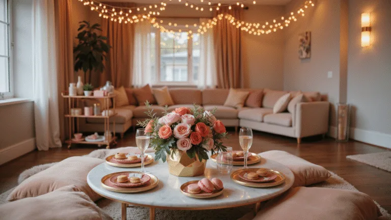 A luxurious Galentine's Day living room setup featuring a marble coffee table with gold-rimmed plates, pink macarons, and crystal champagne flutes, surrounded by plush blush velvet cushions and faux fur throws. A floral centerpiece of coral and pink roses in a gold geometric vase, warm ambient lighting from copper string lights, and a rose gold bar cart with cocktail ingredients create an intimate atmosphere during golden hour.