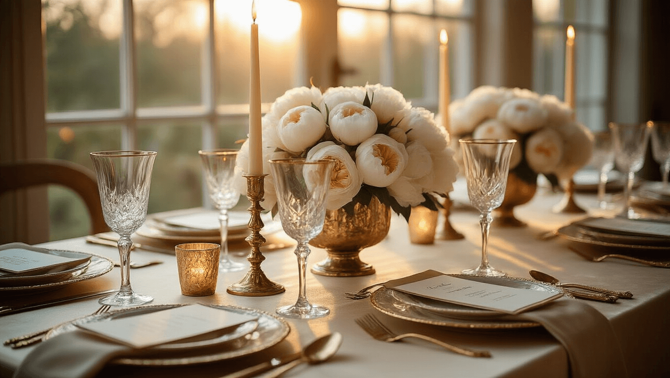 Elegant dinner party tablescape featuring a champagne silk tablecloth, velvet runner, crystal stemware, and a centerpiece of white peonies and garden roses in mercury glass vases, surrounded by brass candlesticks and gold-rimmed china, captured in warm tones with dramatic shadows and soft bokeh effect.
