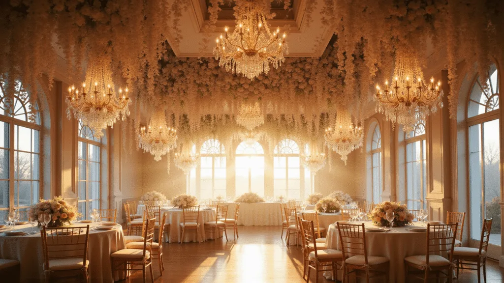 A luxurious wedding ballroom interior featuring a stunning suspended floral installation of blush garden roses, white phalaenopsis orchids, and baby's breath, illuminated by crystal chandeliers and soft uplighting, with elegantly dressed round tables reflecting a romantic atmosphere during golden hour.