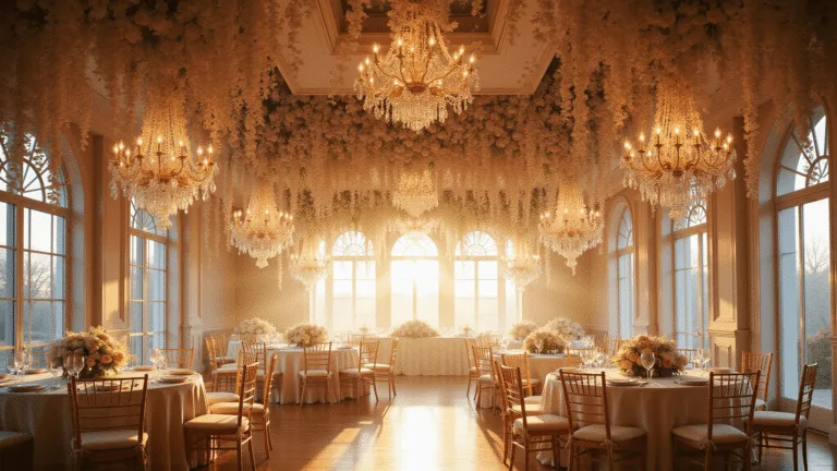 A luxurious wedding ballroom interior featuring a stunning suspended floral installation of blush garden roses, white phalaenopsis orchids, and baby's breath, illuminated by crystal chandeliers and soft uplighting, with elegantly dressed round tables reflecting a romantic atmosphere during golden hour.