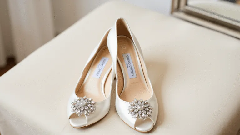 Elegant ivory satin Jimmy Choo bridal pumps with crystal embellishments, displayed in a boutique setting with soft natural light, on a plush ottoman with mirror reflections.
