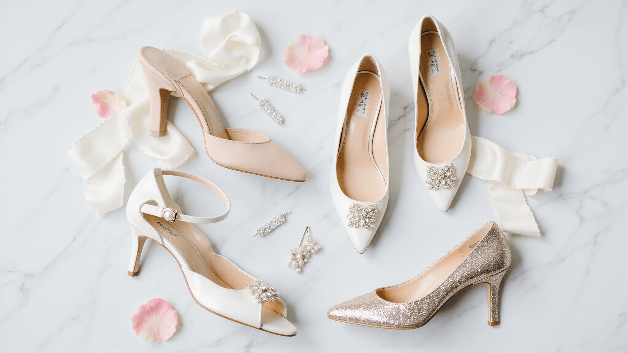 Flat lay of luxurious bridal shoes in ivory and metallic tones on a marble background, adorned with pearl hairpins, silk ribbons, and rose petals, showcasing crystal details in soft natural light.