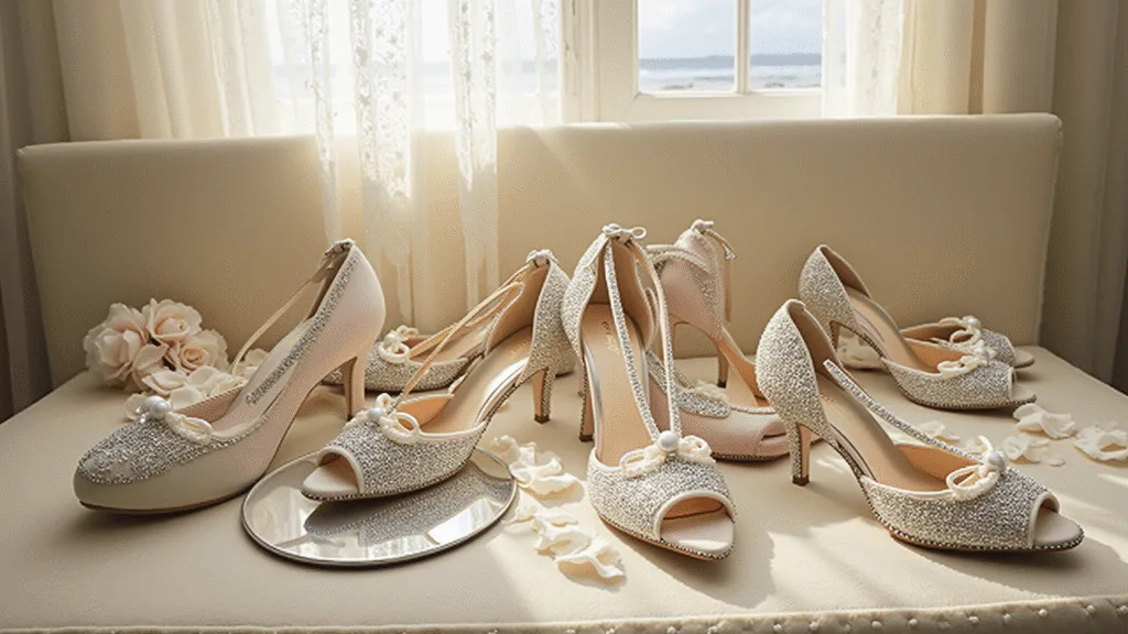 Luxury bridal shoes with crystal embellishments and pearl details arranged on a champagne velvet settee, surrounded by white rose petals and ivory lace, illuminated by soft natural light.