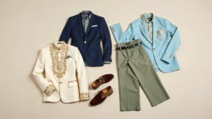 The Ultimate Guide to Men's Engagement Fashion: Look Your Best on the Big Day A professional fashion flatlay showcasing a luxurious ivory sherwani with gold embroidery, a powder blue kurta with navy blazer, and a sage green three-piece suit, complemented by burgundy mojari shoes, tan Oxford shoes, and a matte black leather belt, all arranged on a cream textured background with soft lighting emphasizing the textures.