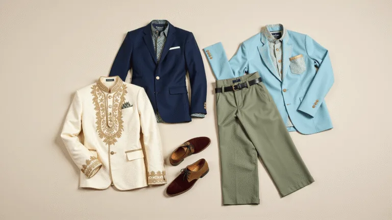 A professional fashion flatlay showcasing a luxurious ivory sherwani with gold embroidery, a powder blue kurta with navy blazer, and a sage green three-piece suit, complemented by burgundy mojari shoes, tan Oxford shoes, and a matte black leather belt, all arranged on a cream textured background with soft lighting emphasizing the textures.