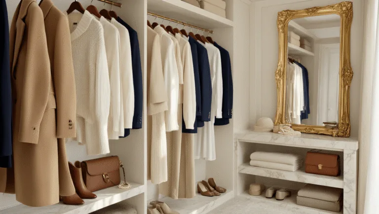 A luxurious walk-in closet featuring neatly arranged neutral-toned garments, vintage mirror, and elegant accessories, all bathed in soft, natural sunlight.