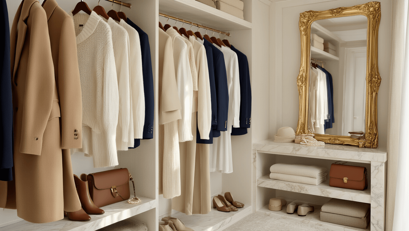 A luxurious walk-in closet featuring neatly arranged neutral-toned garments, vintage mirror, and elegant accessories, all bathed in soft, natural sunlight.