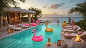 A luxurious infinity pool at golden hour, featuring oversized flamingo and pineapple floats, plush loungers, and stylish guests in vintage swimwear, surrounded by tiki torches, string lights, and tropical decor.