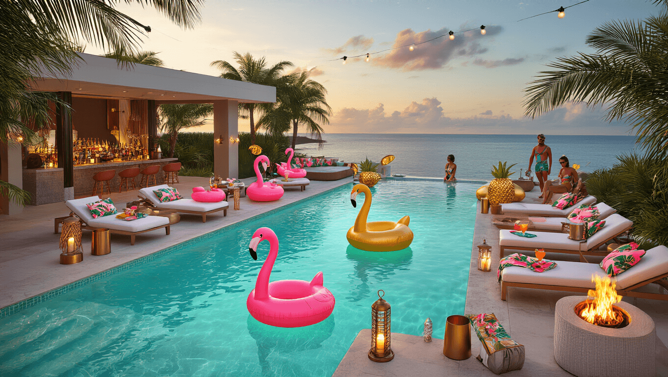 A luxurious infinity pool at golden hour, featuring oversized flamingo and pineapple floats, plush loungers, and stylish guests in vintage swimwear, surrounded by tiki torches, string lights, and tropical decor.