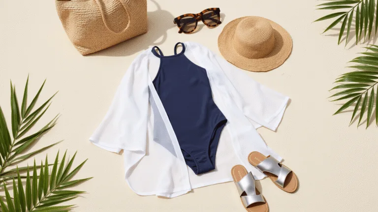 Flat lay of luxury pool party essentials including a navy one-piece swimsuit, sheer white caftan, oversized tortoiseshell sunglasses, wide-brim straw hat, metallic sandals, and a woven beach tote on a cream textured surface, accented by natural sunlight and tropical leaves.
