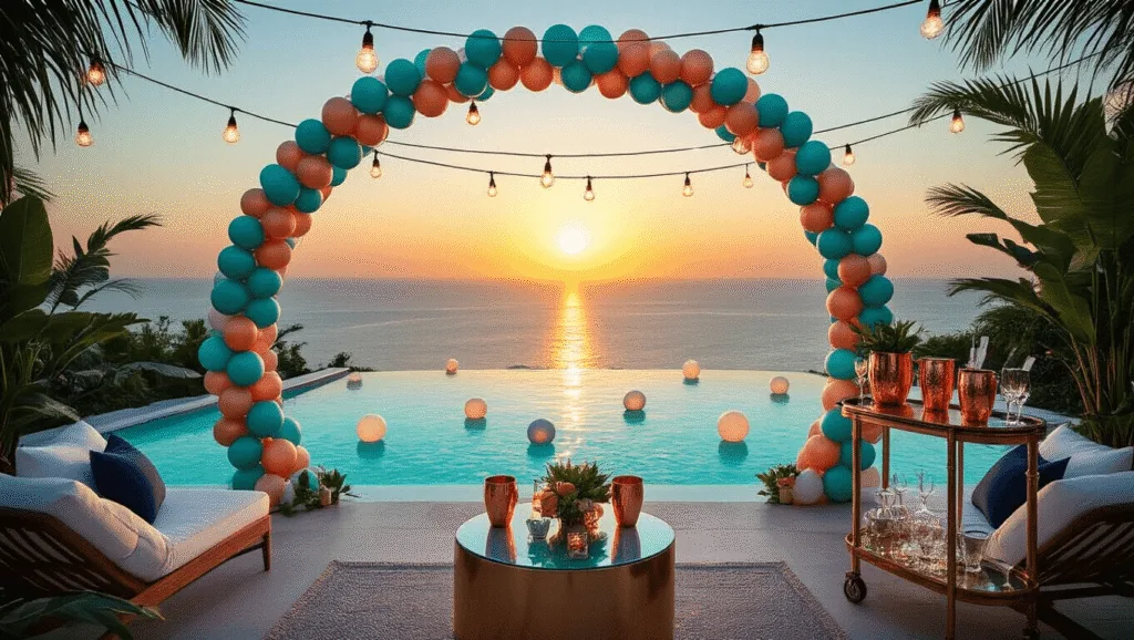 An elegant poolside party setup at golden hour, featuring a reflective infinity pool, floating LED orbs, a grand balloon arch, string lights, a sophisticated bar cart, plush lounge chairs, rattan lanterns, and vibrant tropical flowers, all set against mountain vistas.