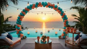 An elegant poolside party setup at golden hour, featuring a reflective infinity pool, floating LED orbs, a grand balloon arch, string lights, a sophisticated bar cart, plush lounge chairs, rattan lanterns, and vibrant tropical flowers, all set against mountain vistas.