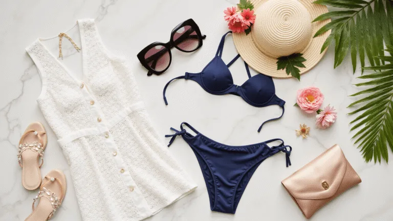 High-end fashion flat lay of navy bikini, white crochet cover-up, designer sunglasses, sun hat, shell-embellished sandals, and metallic clutch on white marble tiles, accented with tropical flowers and palm fronds, captured during golden hour.