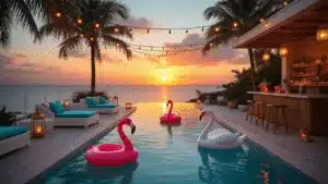 A luxurious infinity pool at sunset, surrounded by modern wicker furniture, vibrant tropical decor, and illuminated by string lights; floats in the water and a backdrop of a city skyline create a warm, atmospheric scene.