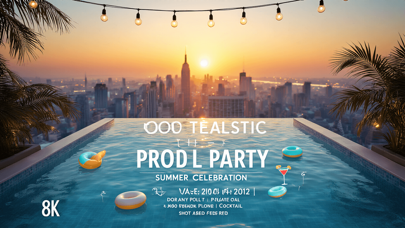Photorealistic invitation design for a luxurious pool party, featuring an infinity pool overlooking a city skyline at sunset, modern typography in white and aqua blue, framed by palm fronds and string lights, with cocktail illustrations and embossed details.