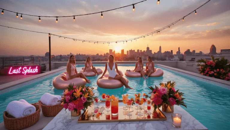 Cinematic wide-angle shot of a luxurious rooftop infinity pool at sunset, featuring a bride in a white swimsuit and her bridesmaids on rose gold inflatable swans, with a marble bar cart of colorful cocktails, downtown skyline, string lights, and tropical decorations.