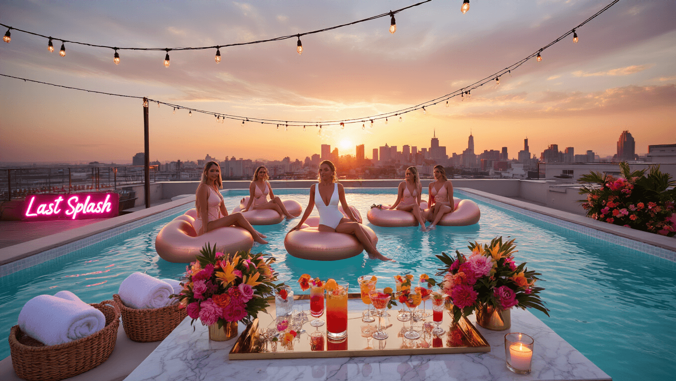 Cinematic wide-angle shot of a luxurious rooftop infinity pool at sunset, featuring a bride in a white swimsuit and her bridesmaids on rose gold inflatable swans, with a marble bar cart of colorful cocktails, downtown skyline, string lights, and tropical decorations.