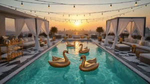 Hyperrealistic image of a luxurious rooftop infinity pool party at twilight, featuring a geometric marble pool deck, turquoise water, gold swan inflatables, white cabanas, a mirrored bar cart, orchid arrangements, copper uplighting, and string lights, all captured in vivid detail.
