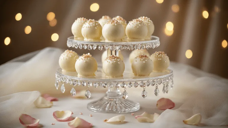 Photorealistic wedding cake pops on a crystal display stand, adorned with pearl shimmer dust and rose gold accents, arranged in a spiral pattern with warm fairy lights creating bokeh in the background, surrounded by rose petals and ivory tulle.