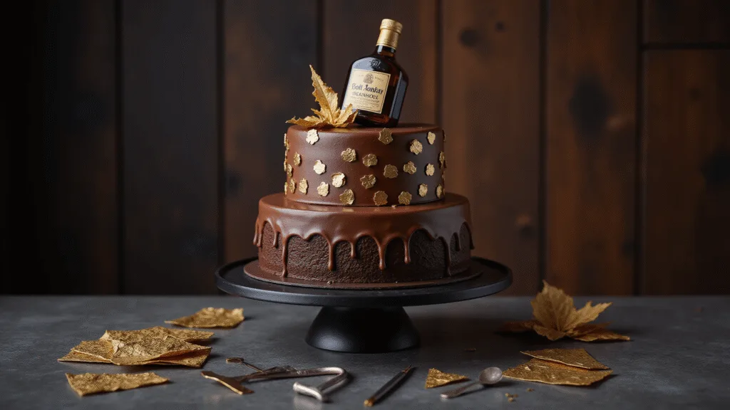 Photorealistic three-tiered chocolate birthday cake with whiskey theme, featuring gold leaf accents, handmade fondant whiskey bottle, geometric patterns, and chocolate drip on a matte black stand, set against a dark wood and leather backdrop.
