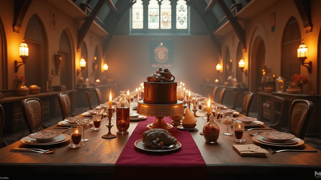 Hyperrealistic photograph of a magical birthday party in a Great Hall setting, featuring long wooden tables with burgundy and gold decorations, floating candles, house banners, ornate dinnerware, enchanting centerpieces, and a grand chocolate frog cake, all illuminated by warm lighting and atmospheric fog.