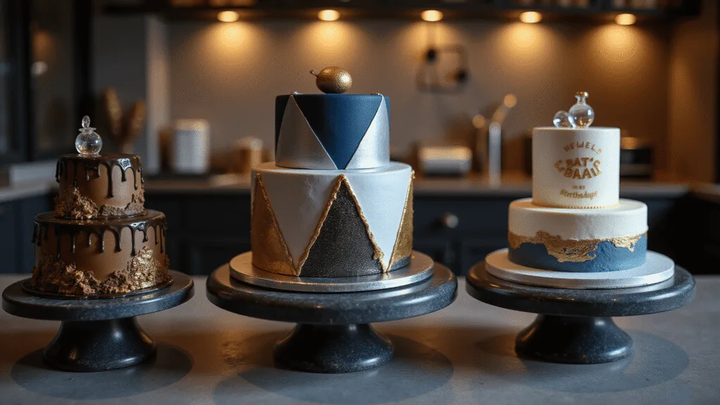 Photorealistic display of three men's birthday cakes on black marble pedestals: a three-tiered whiskey chocolate cake with dark ganache and gold leaf, a geometric modern cake in navy and silver, and a hobby-themed fishing cake with a mirror glaze water effect. Background features professional baking equipment with warm golden hour lighting.