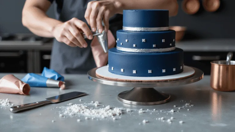 Photorealistic image of a luxurious three-tiered navy blue birthday cake being decorated in a professional kitchen, showcasing precision baking tools and decorative details.