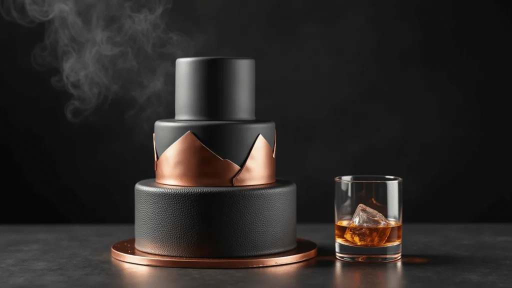 A photorealistic three-tiered masculine birthday cake with dark buttercream and metallic accents, styled against a charcoal backdrop with dramatic lighting, featuring leather-textured gray layers, geometric bronze details, and a matte black top, alongside a whiskey glass with ice, on a copper cake board.