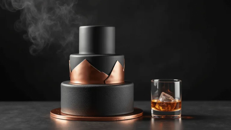 A photorealistic three-tiered masculine birthday cake with dark buttercream and metallic accents, styled against a charcoal backdrop with dramatic lighting, featuring leather-textured gray layers, geometric bronze details, and a matte black top, alongside a whiskey glass with ice, on a copper cake board.