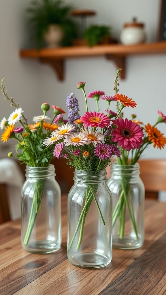 Three mason jars filled with colorful flowers on a wooden table