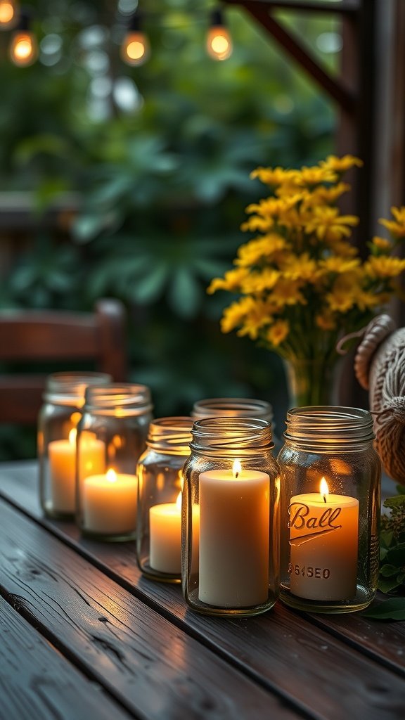 Mason jars with candles on a wooden table, surrounded by yellow flowers and outdoor lighting.