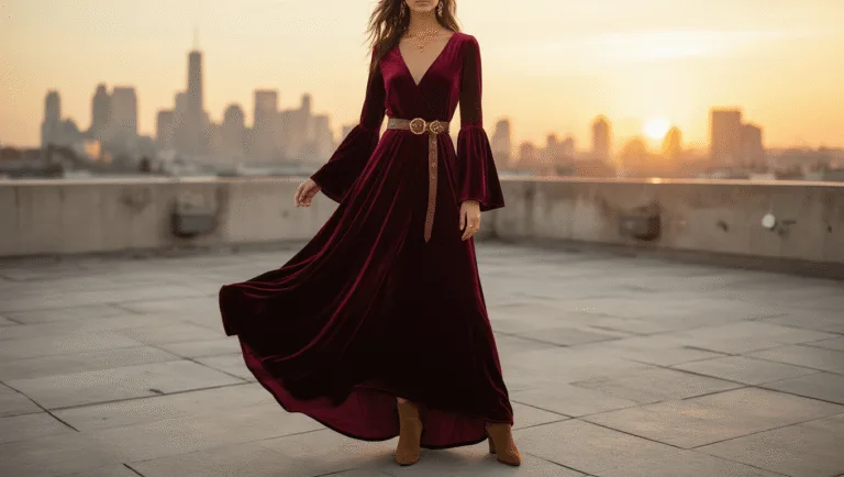 A model in a burgundy velvet maxi dress with bell sleeves stands on a rooftop at golden hour, showcasing a flowing dress cinched with a leather belt, delicate gold jewelry, and suede ankle boots, framed by a blurred city skyline in warm sunset light.