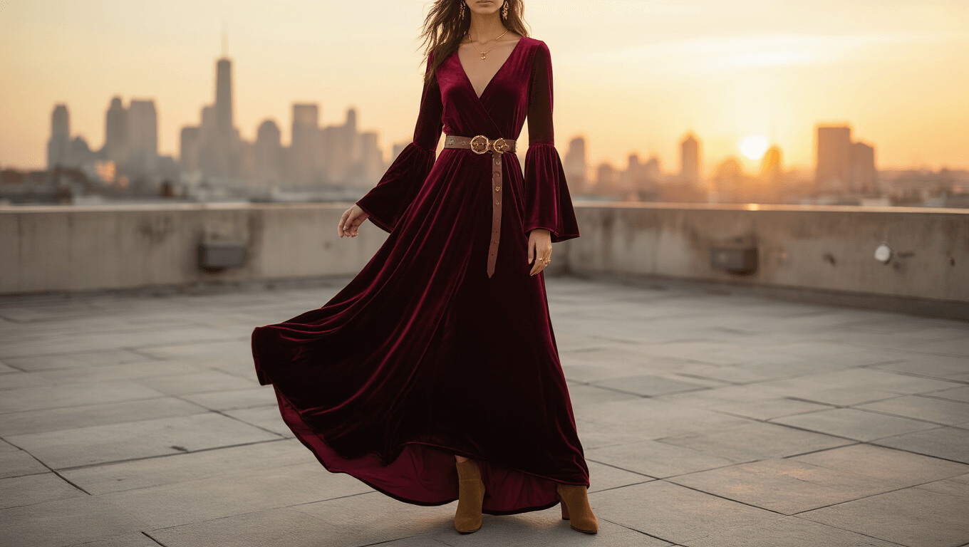 A model in a burgundy velvet maxi dress with bell sleeves stands on a rooftop at golden hour, showcasing a flowing dress cinched with a leather belt, delicate gold jewelry, and suede ankle boots, framed by a blurred city skyline in warm sunset light.