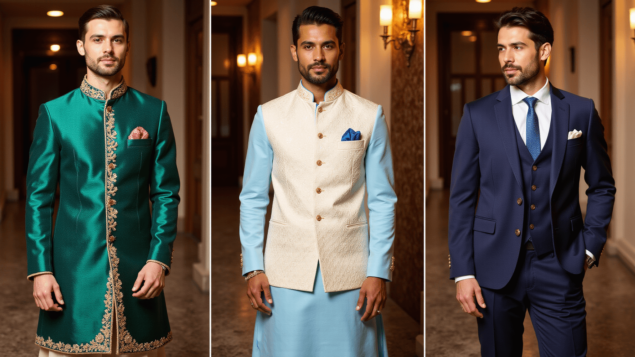 A luxurious fashion editorial featuring an emerald green sherwani with gold embroidery, a powder blue kurta with a cream Nehru jacket, and a navy three-piece suit, displayed in an elegant setting with warm lighting and marble columns, showcasing traditional and contemporary menswear styling elements.