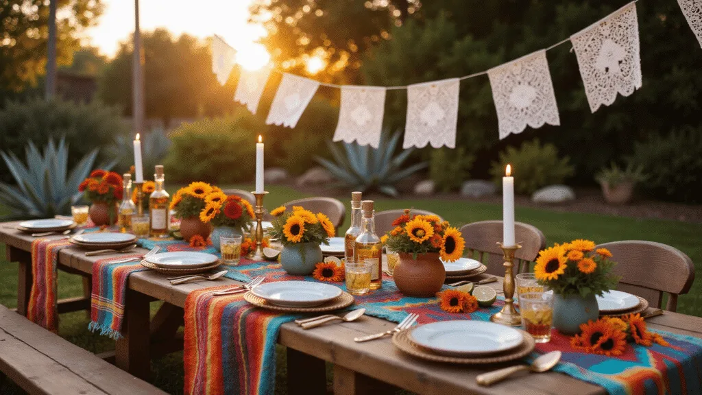 Cinematic outdoor garden party scene at sunset, featuring a long wooden table adorned with a vibrant serape runner, mismatched ceramic plates, terracotta vases of marigolds and sunflowers, and fluttering papel picado banners, all softly illuminated by warm string lights.